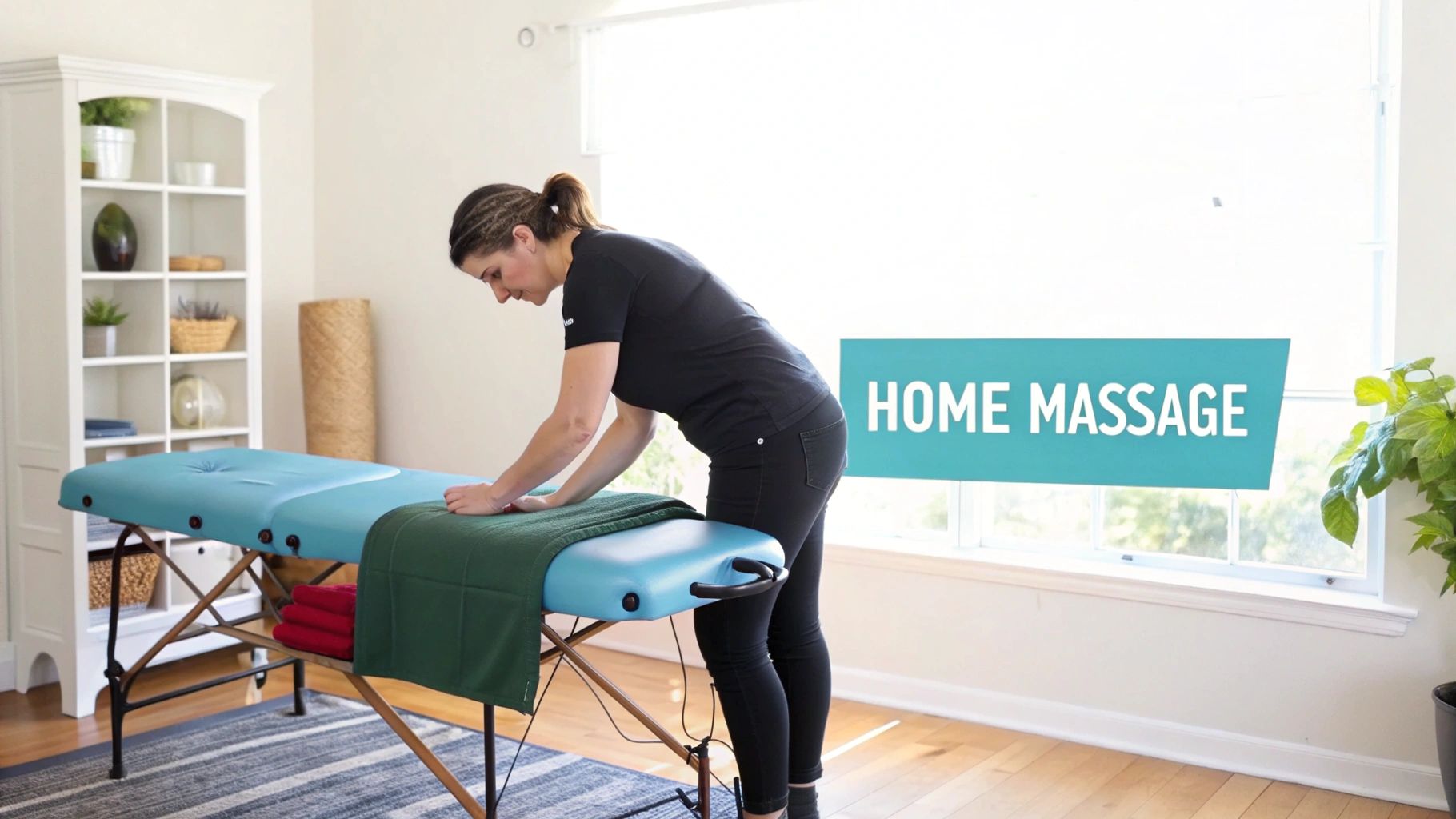 A professional massage therapist in business casual attire setting up a massage table in a client's home, demonstrating a professional and therapeutic environment.
