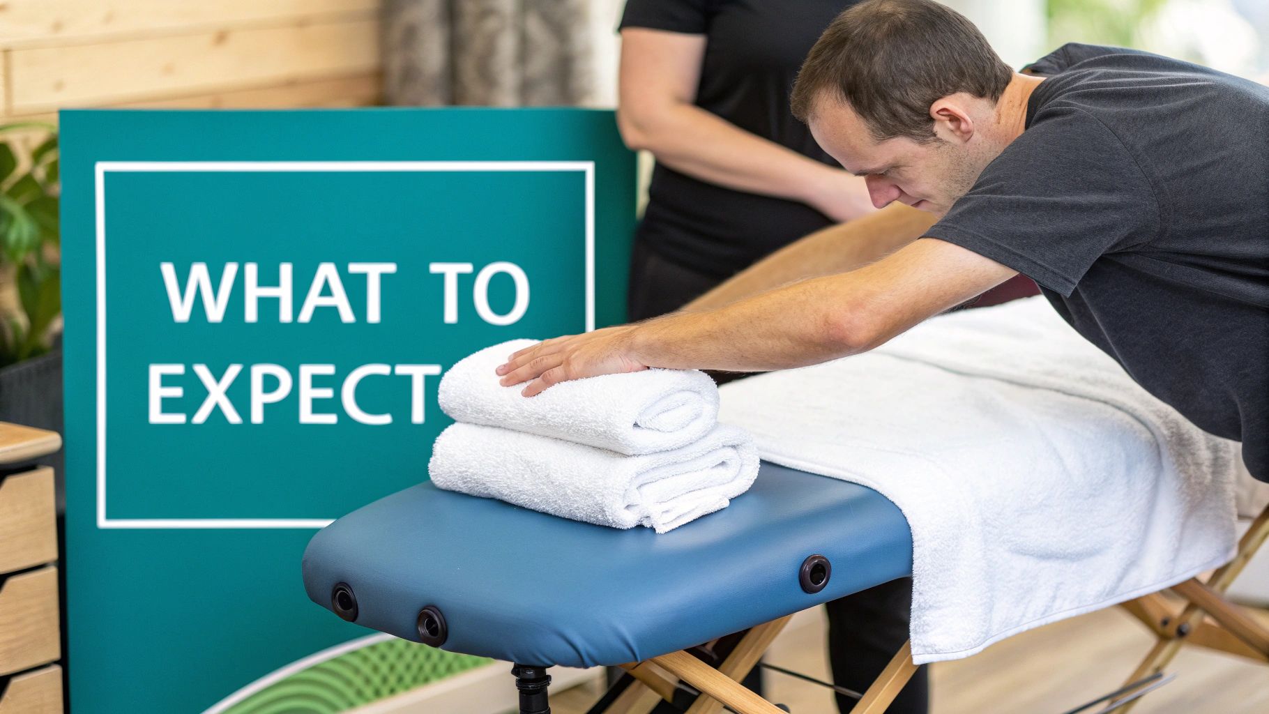 A man sets up a portable massage table with clean white towels, preparing for a session.