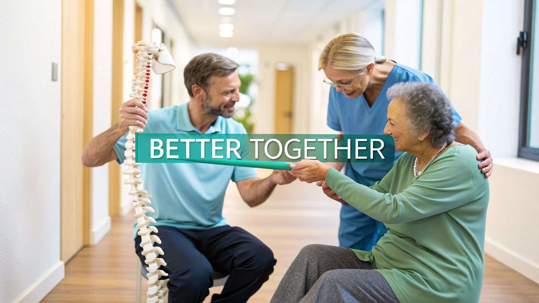 A male therapist and female nurse assist an elderly patient in a wheelchair during a physical therapy session.