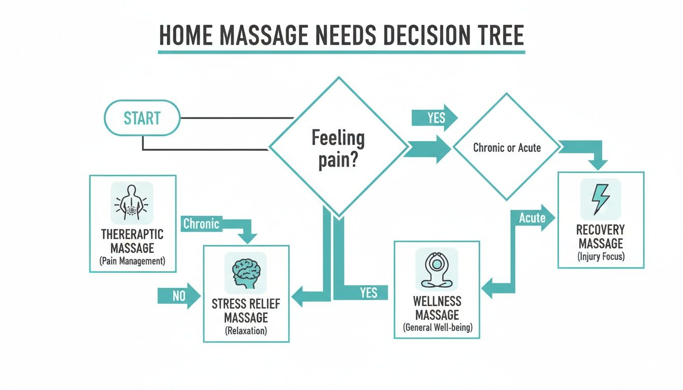 A decision tree flowchart titled 'Home Massage Needs' guiding users to different massage types based on their symptoms.