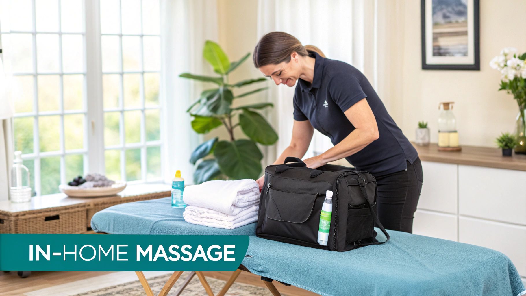 A professional massage therapist setting up a massage table in a client&#39;s home, with a calm and relaxing atmosphere.