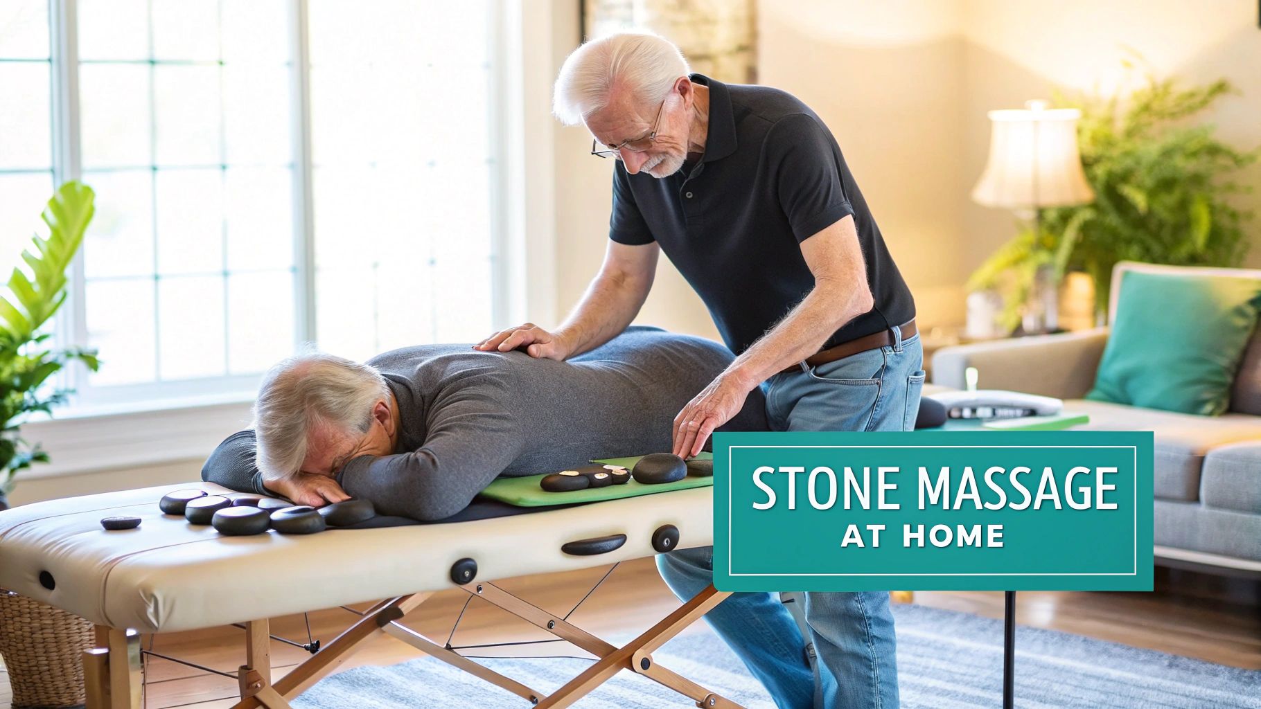 An older man lies on a massage table receiving a relaxing hot stone massage at home.
