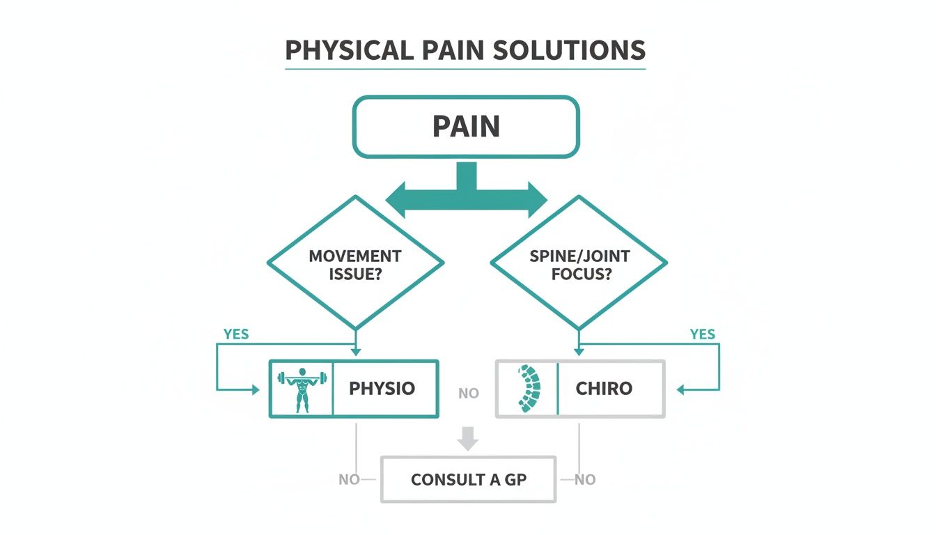 Flowchart illustrating physical pain solutions, guiding users to physiotherapy or chiropractic based on symptoms, then a GP.