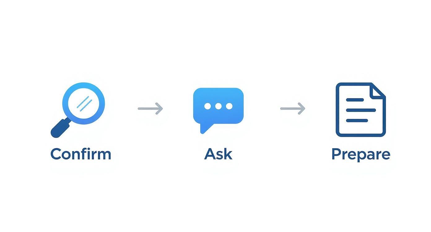 A professional male massage therapist in a polo shirt explains a three-step direct billing process (confirm, ask, prepare) to a client in a bright, modern clinic environment.