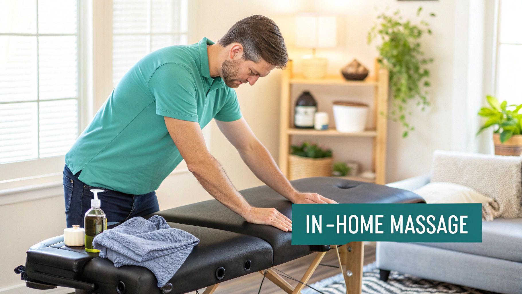 A male massage therapist sets up a portable massage table with oils and towels in a bright home.