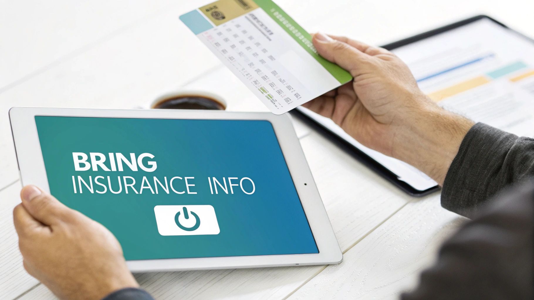 A person holds a tablet displaying 'BRING INSURANCE INFO' and an insurance card.