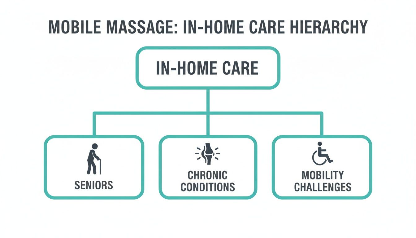 Diagram illustrating mobile massage in-home care hierarchy for seniors, chronic conditions, and mobility challenges.