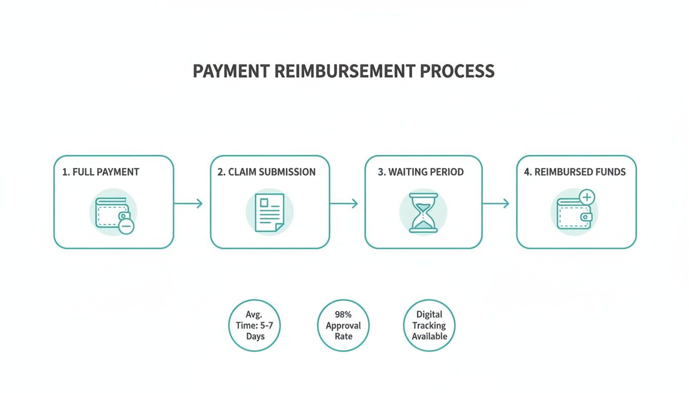 A payment reimbursement process flowchart showing full payment, claim submission, waiting period, and reimbursed funds.