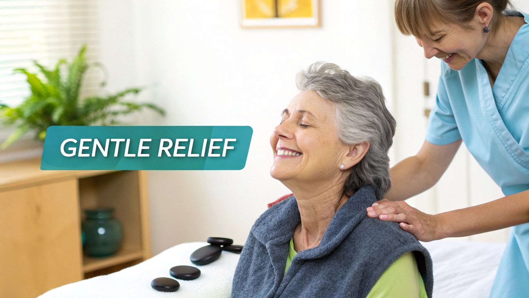 A male massage therapist in a professional polo shirt provides a gentle hot stone shoulder massage to a fully draped senior client.