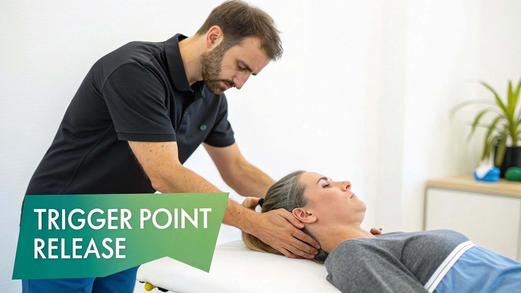 A woman with a thoughtful expression gently touches her neck, indicating discomfort and the presence of knots.