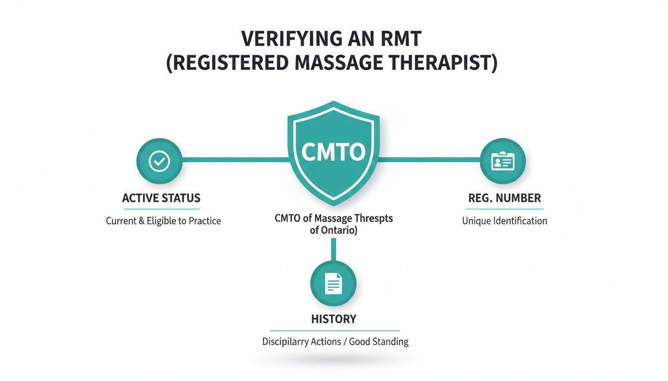 Diagram illustrating how to verify a Registered Massage Therapist (RMT) using CMTO criteria.