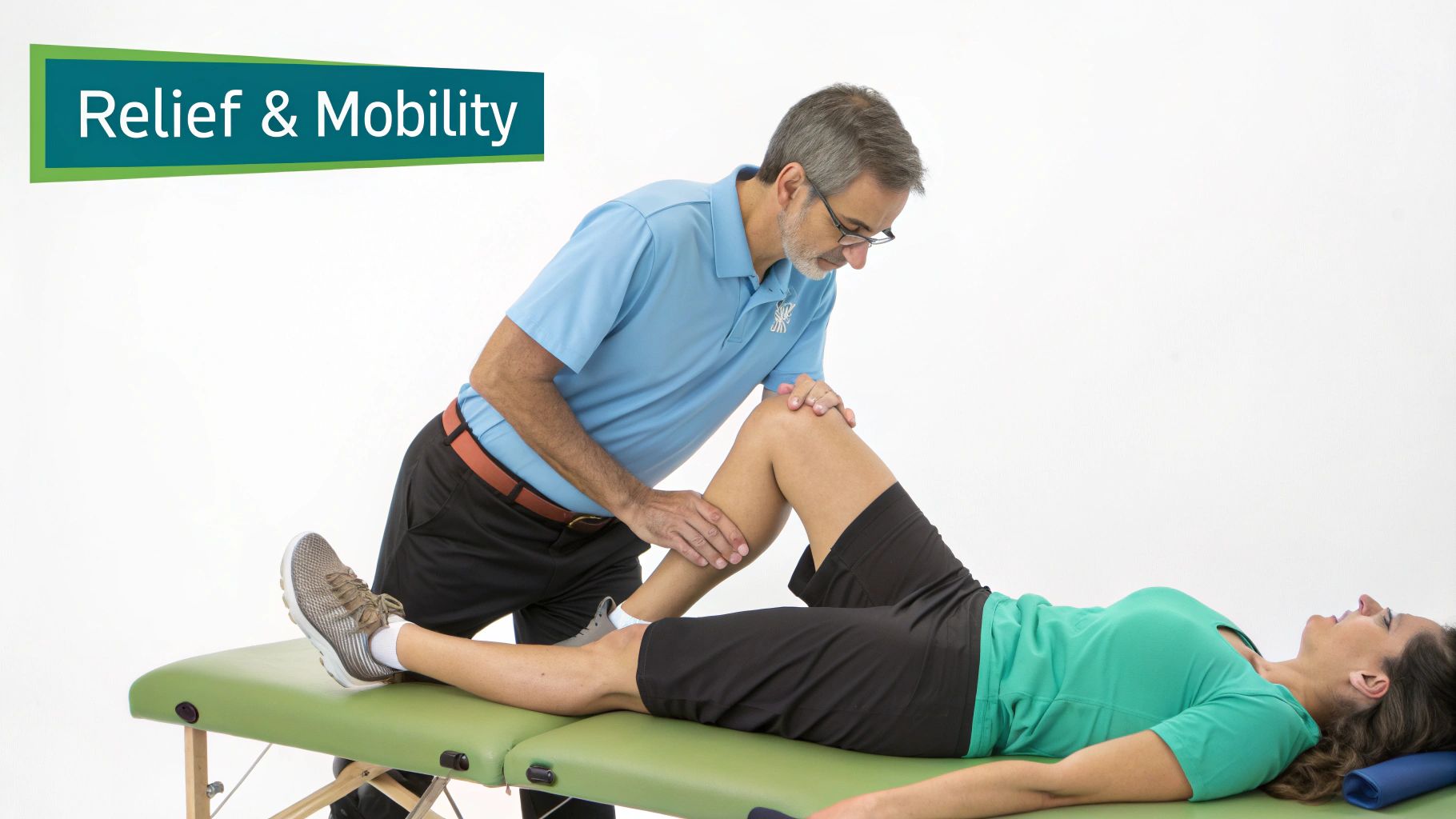 A male physical therapist performing a knee mobility exercise on a female patient lying on an examination table.
