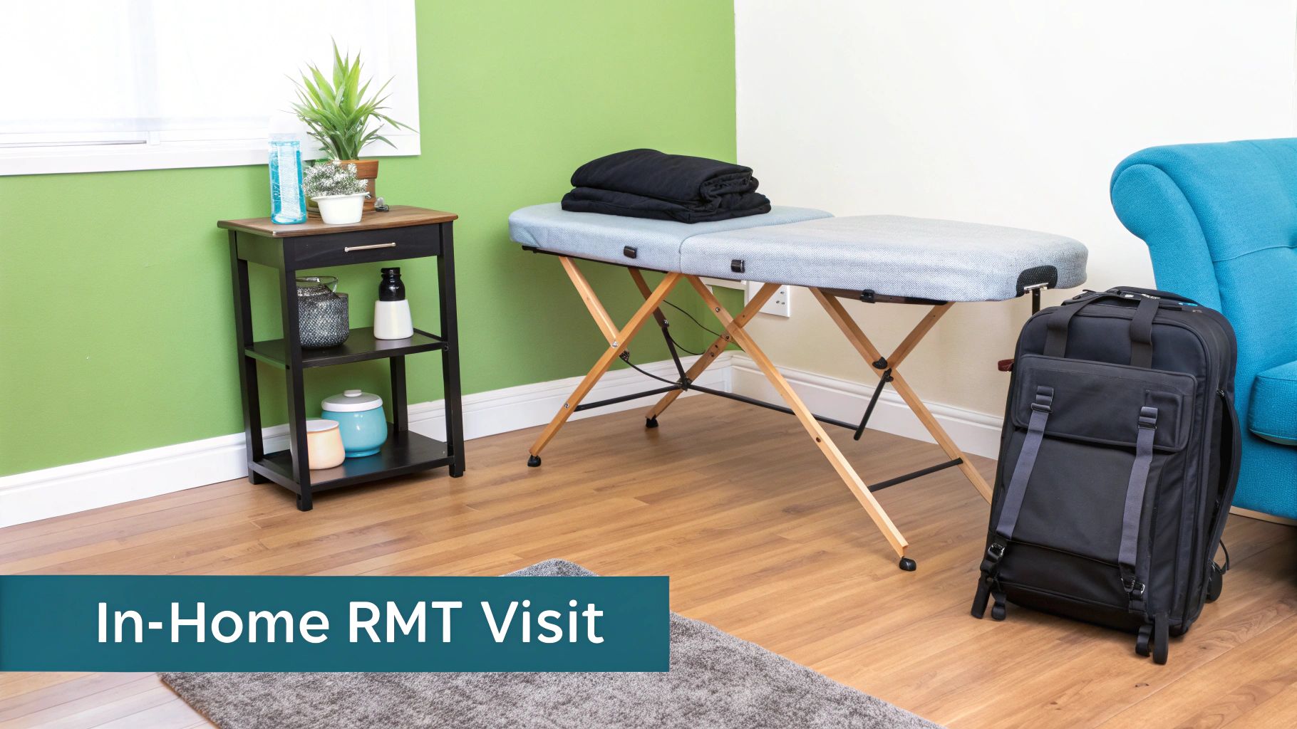 A room with a portable massage table, a side table, and a therapist's bag, ready for an in-home RMT visit.