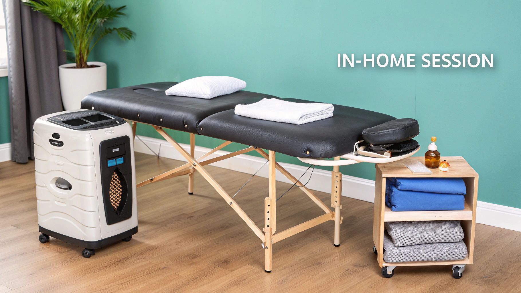 A portable massage table with a pillow and towel, an air cooler, and a cart with oils set up for an in-home session.