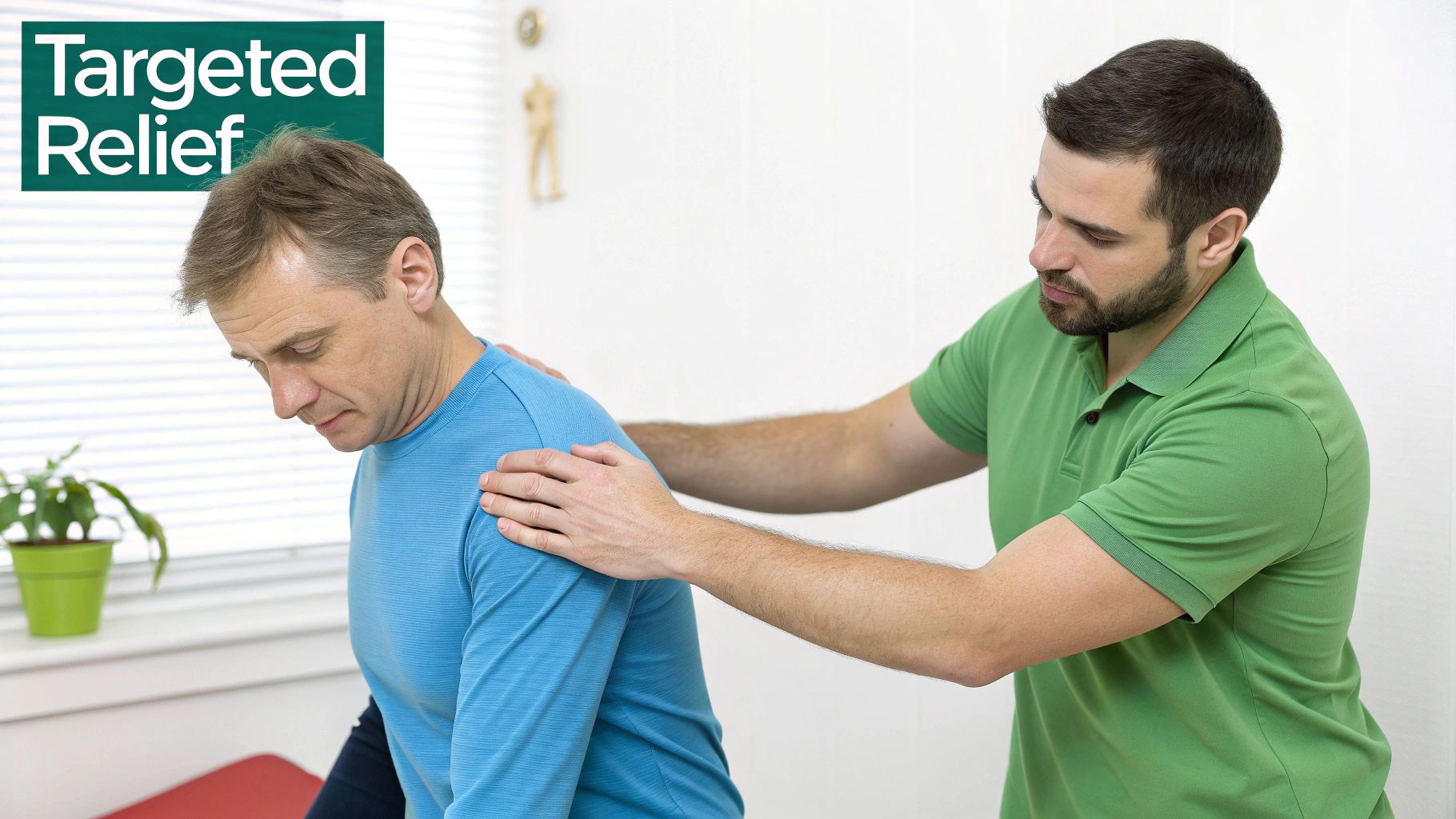 A male physical therapist provides targeted relief and manual therapy to a male patient&#39;s upper back.