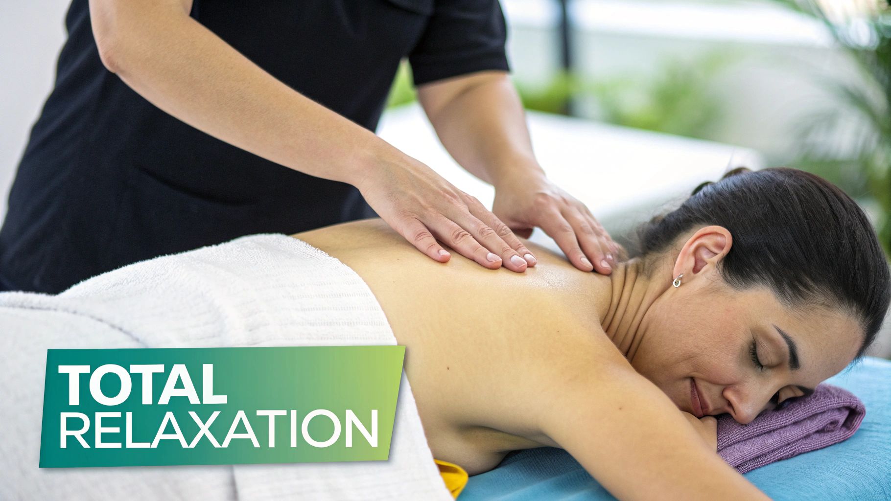 A person receives a relaxing back massage from a therapist, lying face down on a massage table.