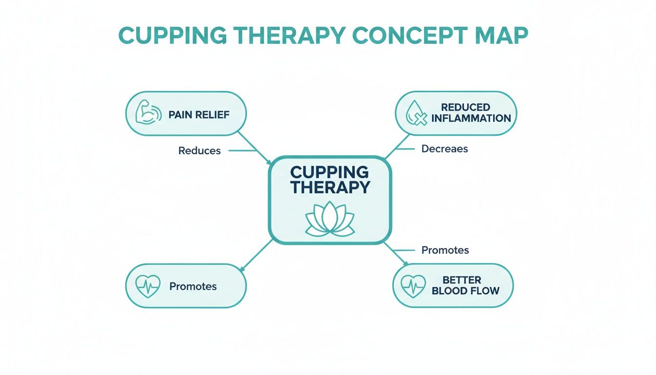 A concept map illustrating the benefits of cupping therapy, including pain relief, reduced inflammation, and better blood flow.