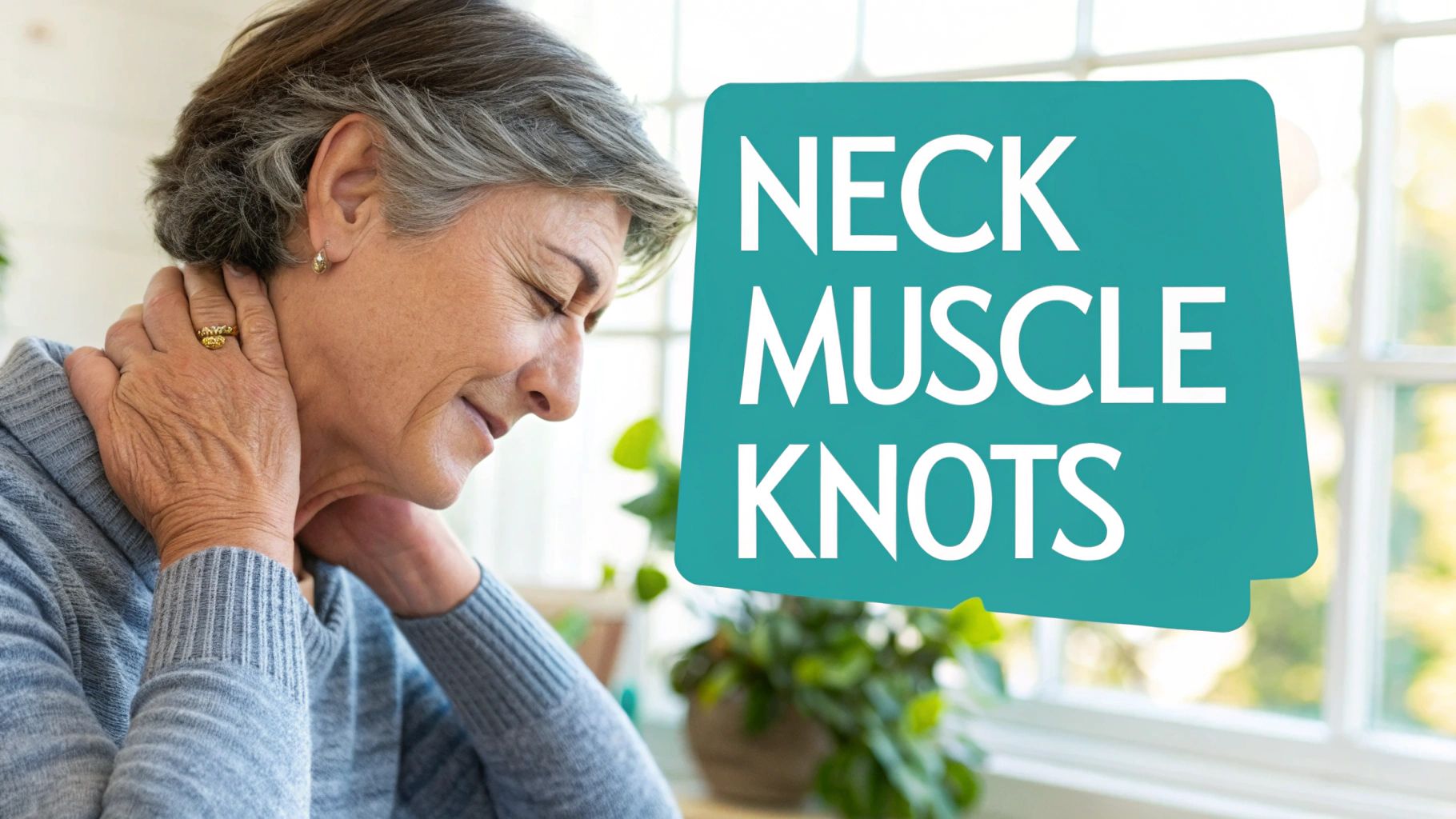 An older woman with grey hair holds her neck with a pained expression, suffering from neck muscle knots.