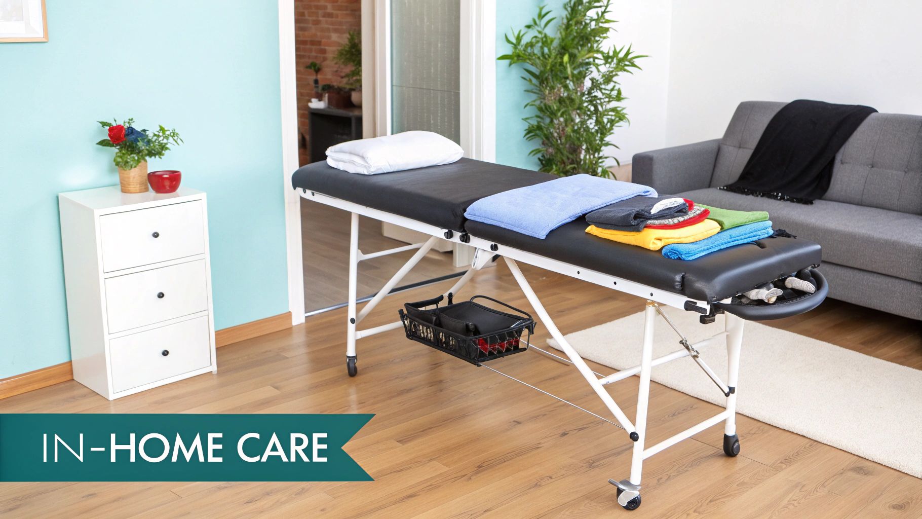 A professional massage therapist setting up a massage table in a client&#39;s home, showing linens and oils.