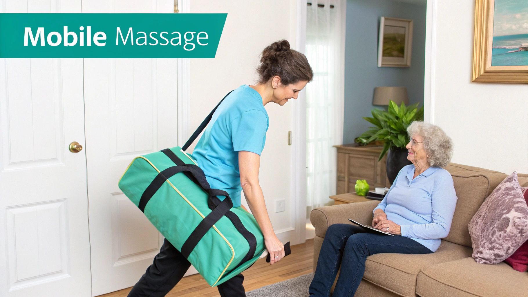 A mobile massage therapist carrying equipment arrives at a senior woman's home, who is smiling on the couch.