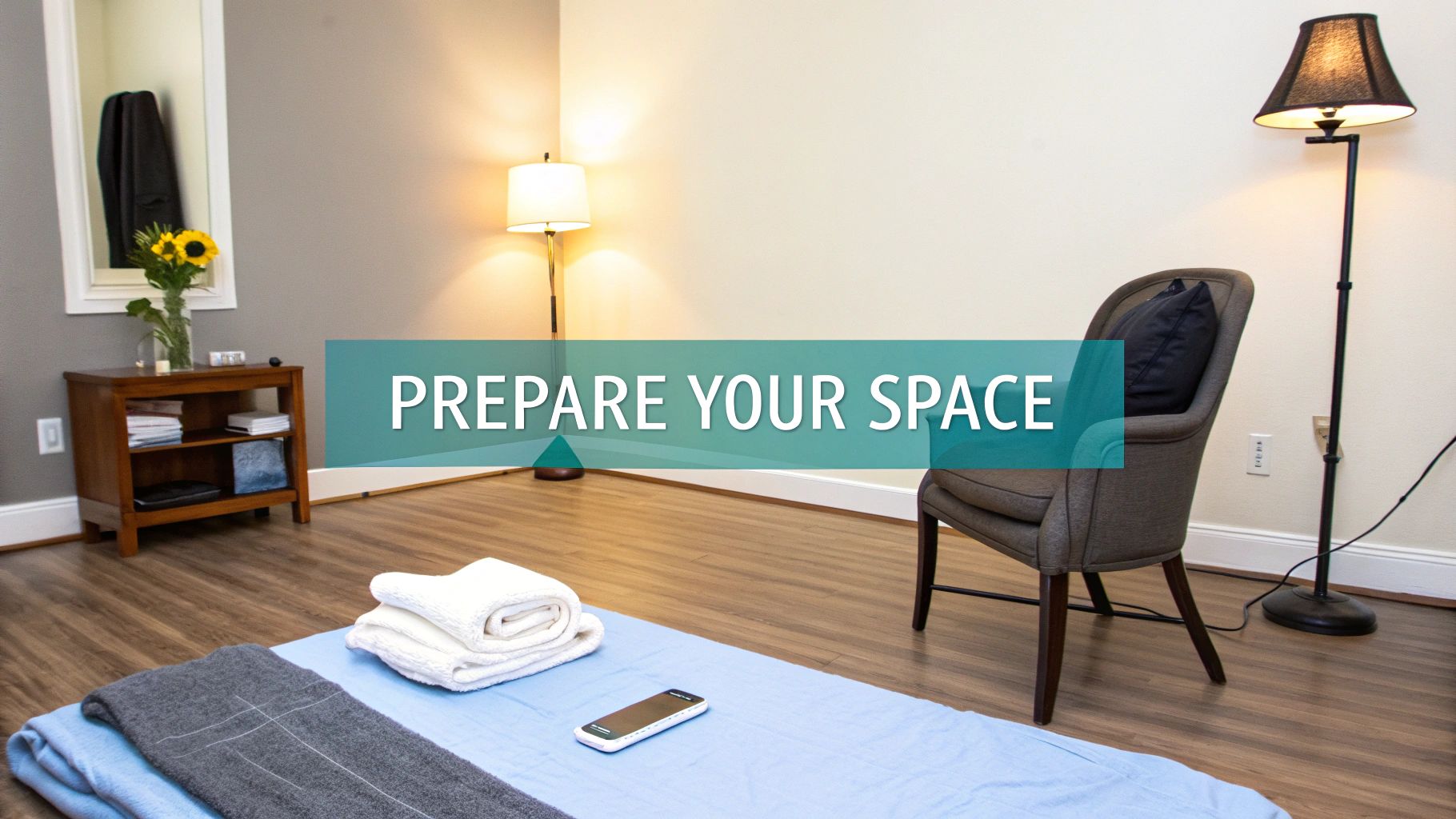 A tranquil corner of a living room prepared for a massage, with soft lighting and a clear space.