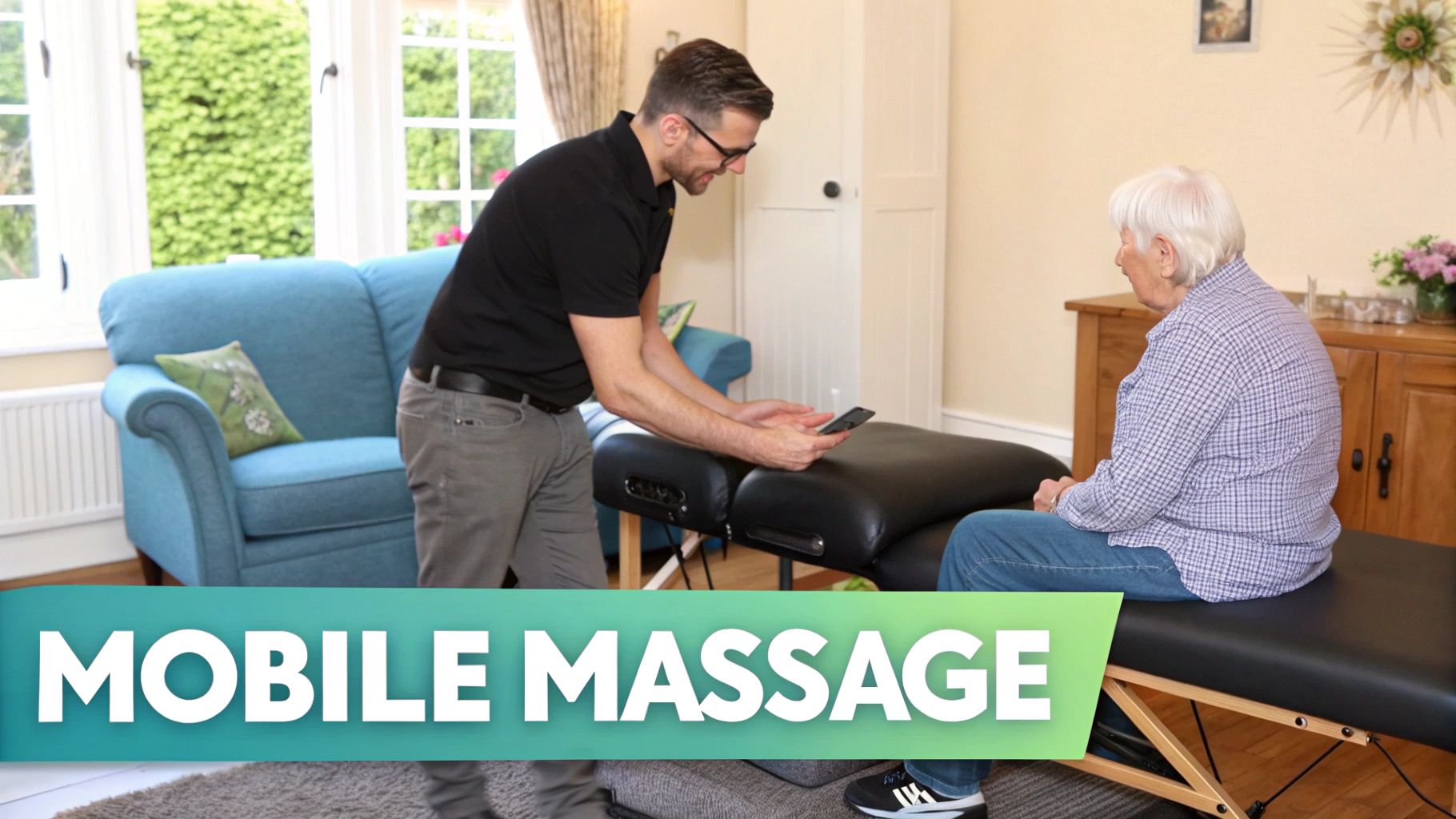 A professional massage therapist working on a client&#39;s shoulders in a calm, in-home setting.