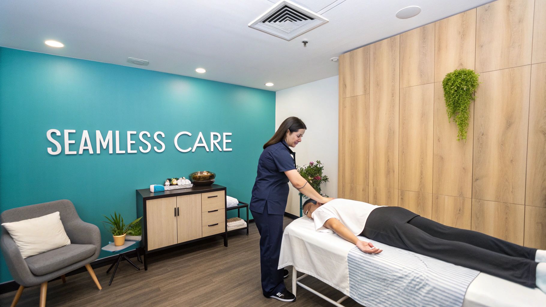 A therapist gives a patient a neck massage in a modern, tranquil clinic with a 'Seamless Care' wall.
