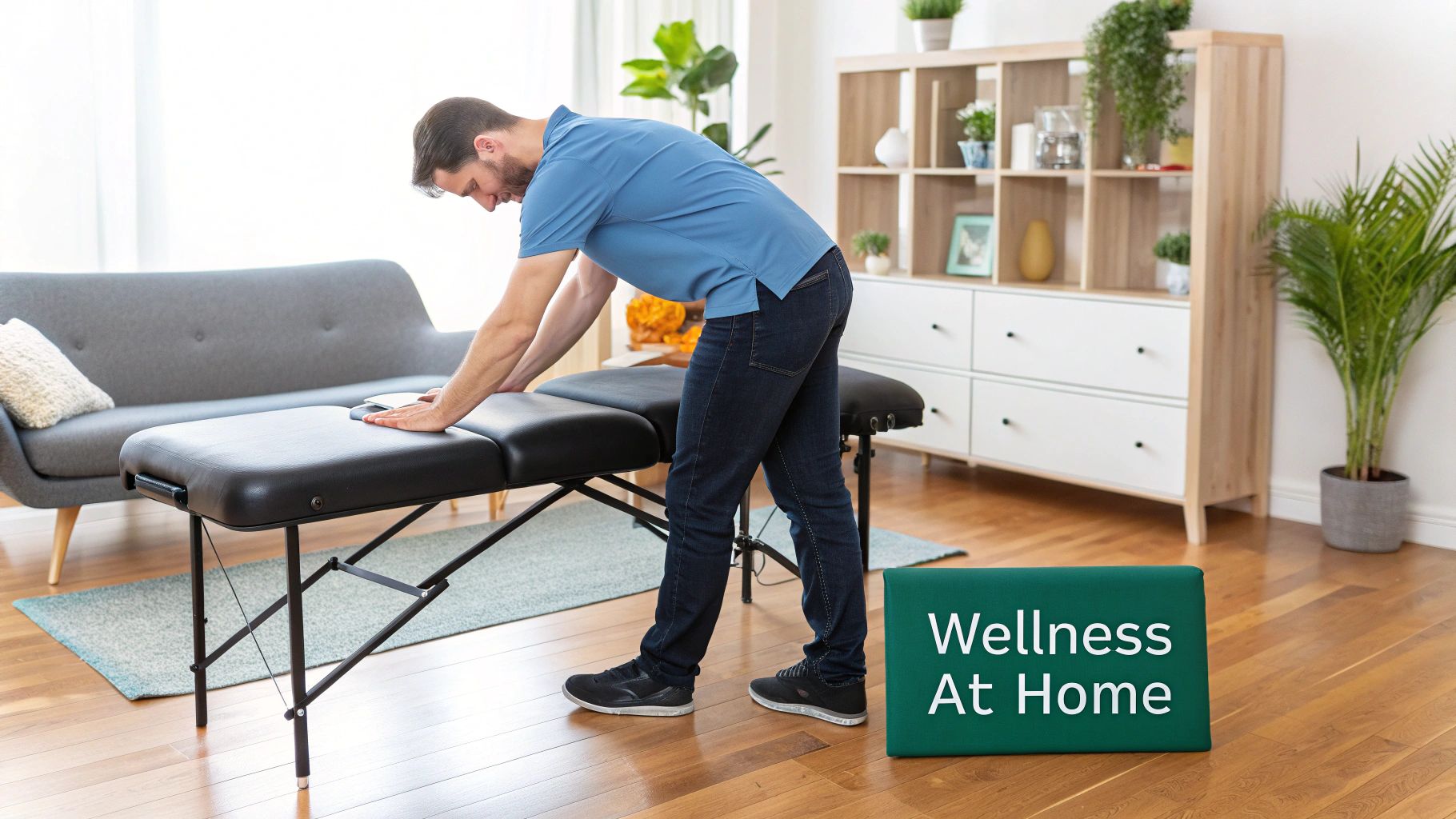 A man sets up a black portable massage table in a modern living room, preparing for a home wellness session.