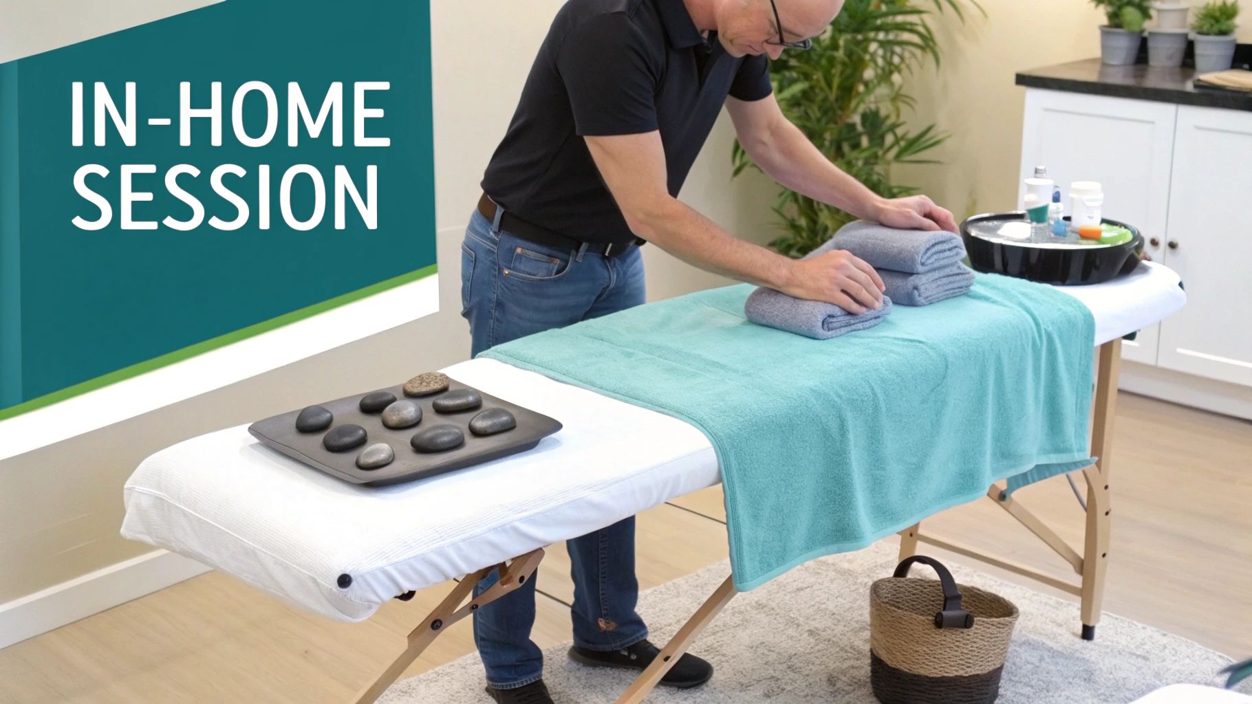 A man setting up an in-home massage session, placing hot stones and towels on a portable massage table.