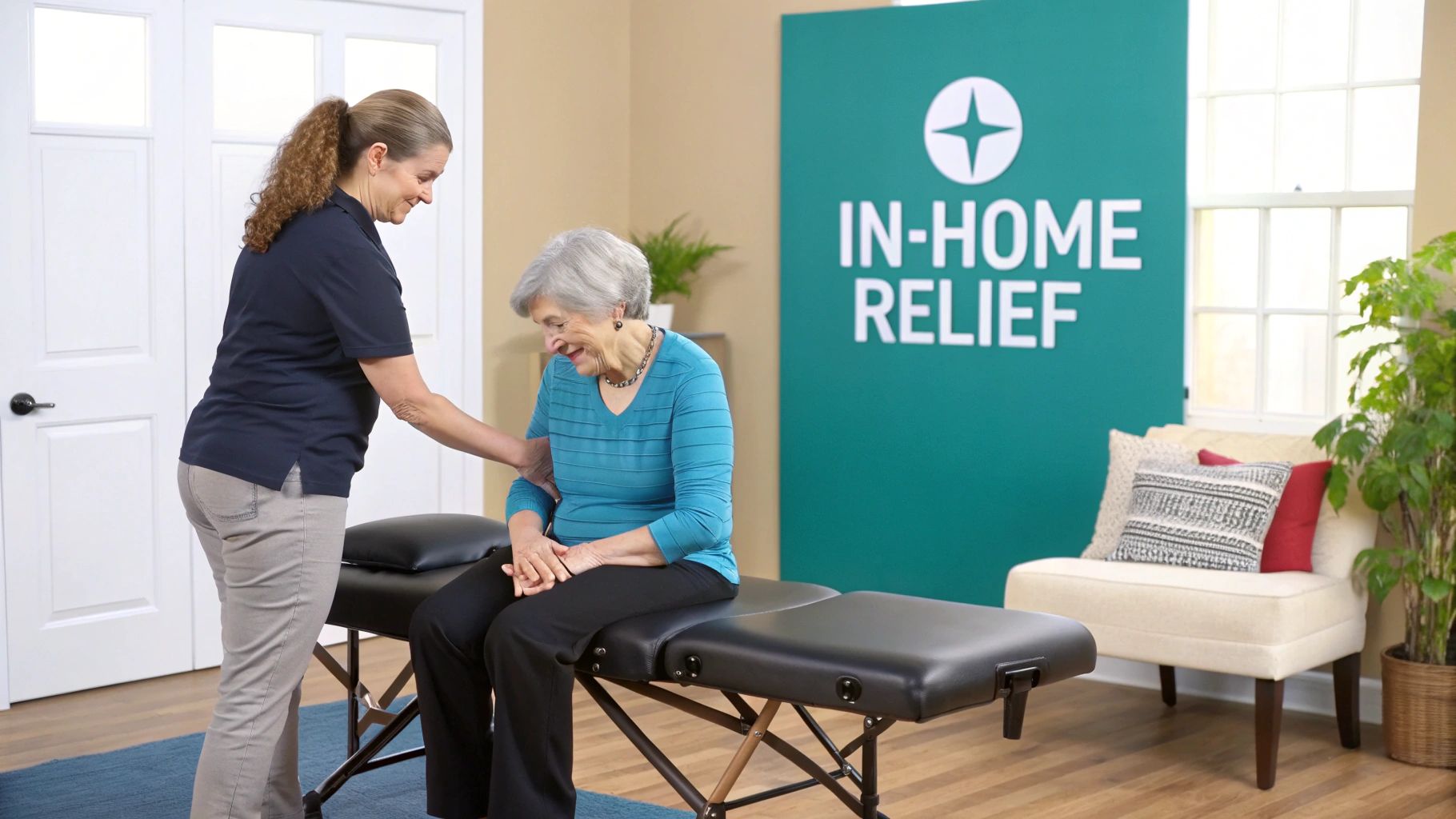 A massage therapist helps an elderly woman sit on a portable massage table for in-home relief.