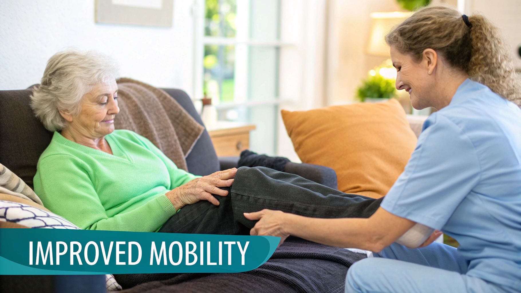 A smiling caregiver assists an elderly woman with leg exercises for improved mobility on a couch.