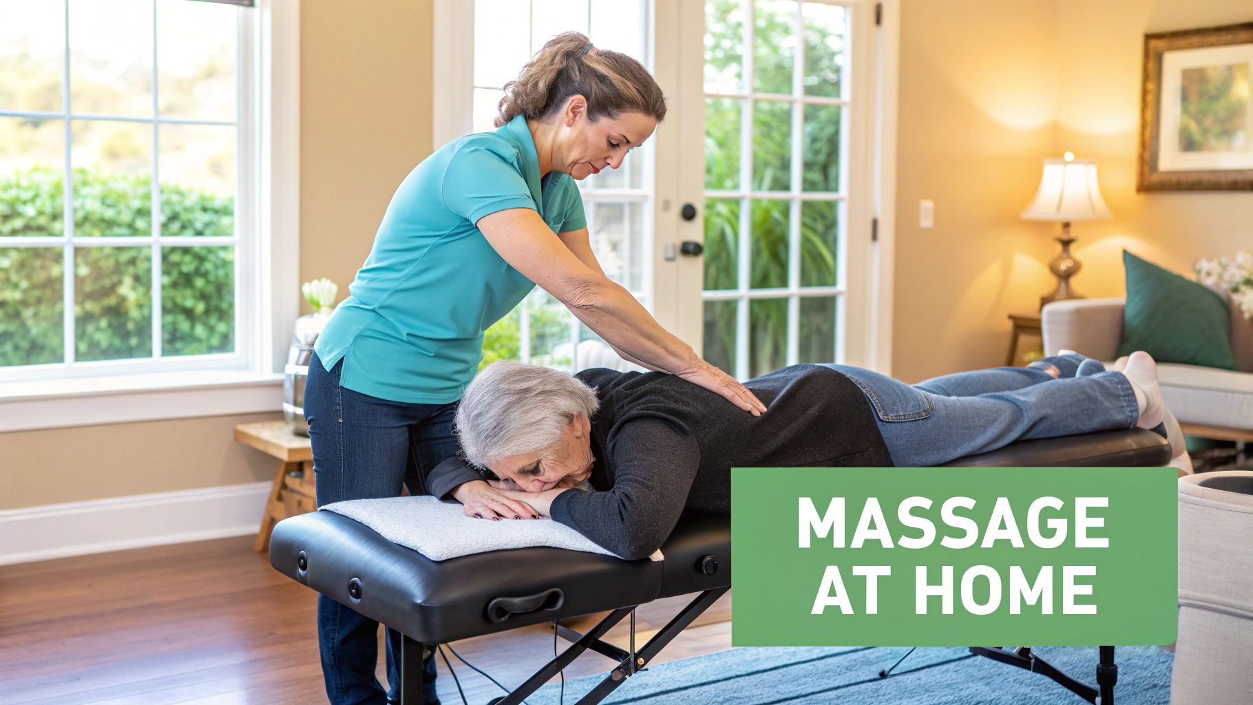 A professional massage therapist gives an elderly woman a soothing back massage in her home.
