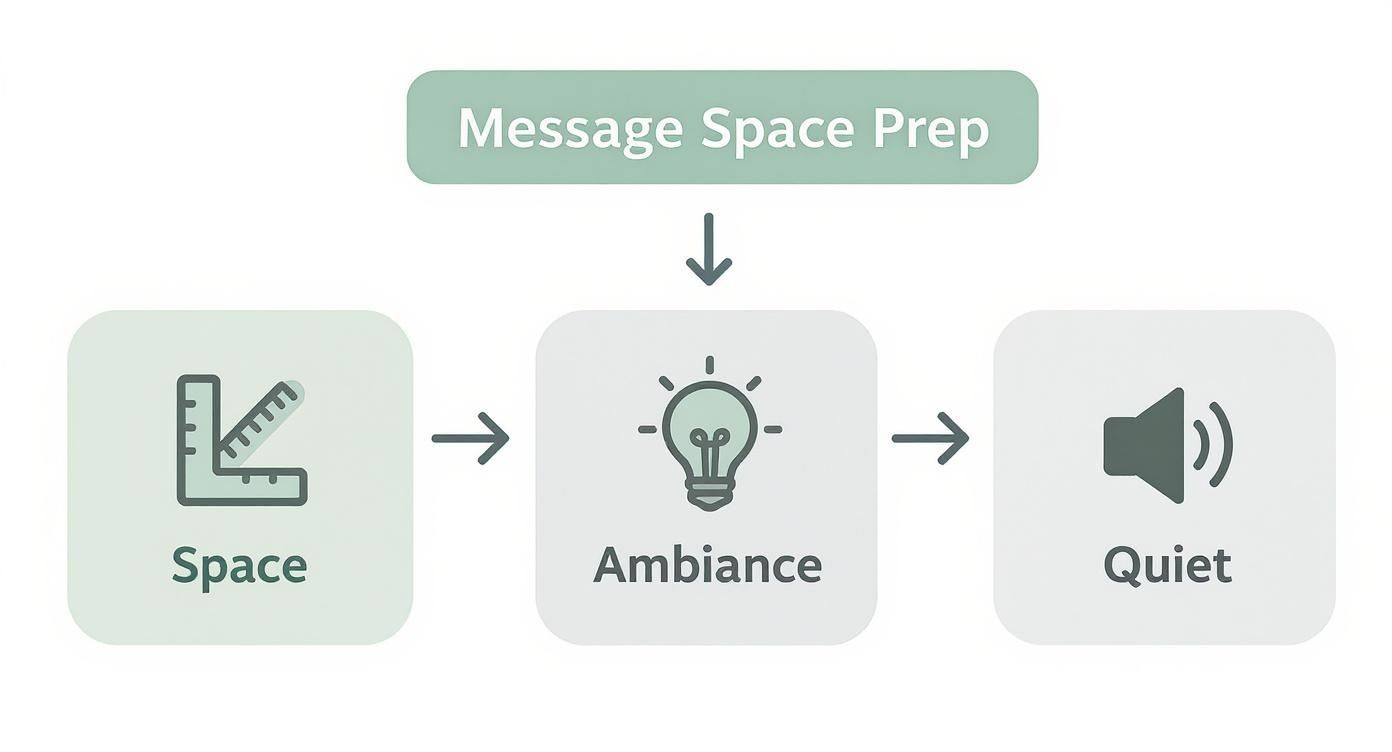 A flowchart showing three steps to prepare a massage space: &#39;Space&#39; with a ruler icon, &#39;Ambiance&#39; with a lightbulb icon, and &#39;Quiet&#39; with a speaker-off icon. The style is flat, with green and gray colors on a white background.