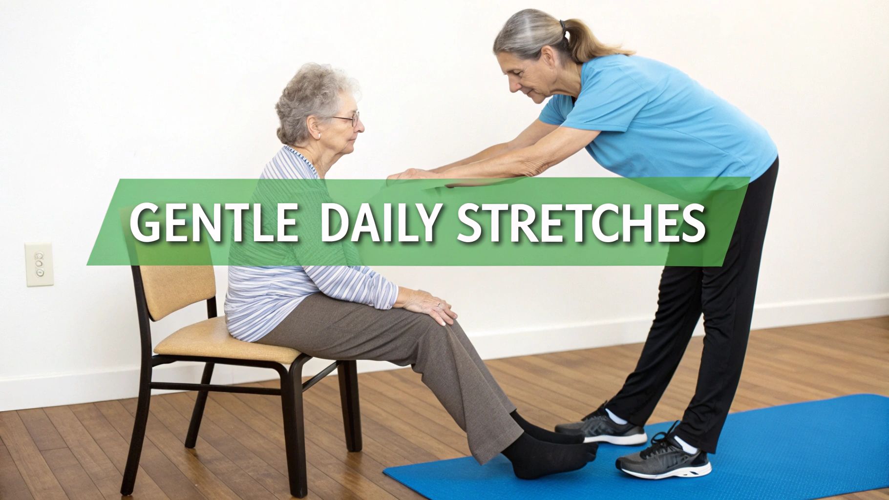 Two seniors perform safe, seated stretches in a well-lit room, demonstrating gentle mobility exercises for sciatica relief.