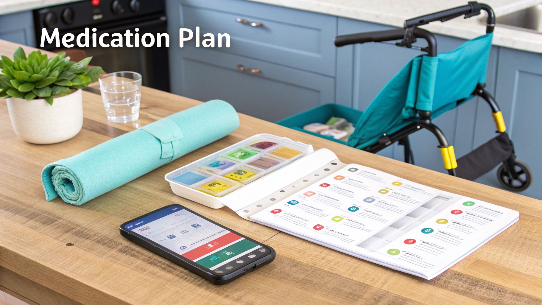 Medication plan with pill organizer, smartphone app, exercise mat and wheelchair in accessible home kitchen