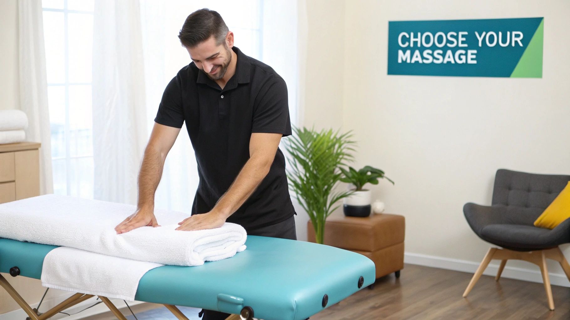 A smiling male massage therapist arranges clean white towels on a turquoise massage table.