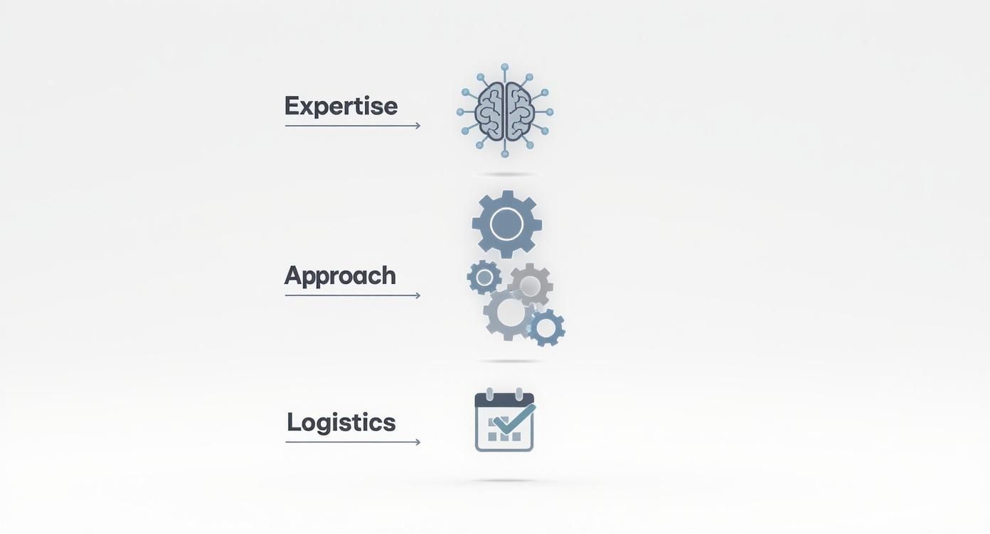 Infographic summarizing what to ask an RMT, with icons for Expertise, Approach, and Logistics.