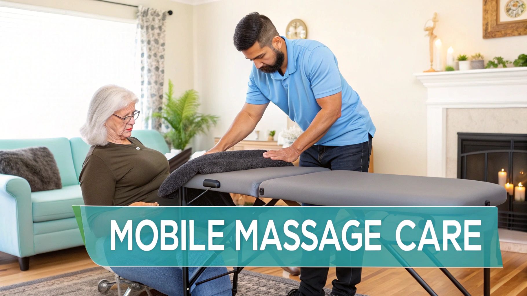 A male therapist prepares a portable massage table in a home setting for an elderly woman.