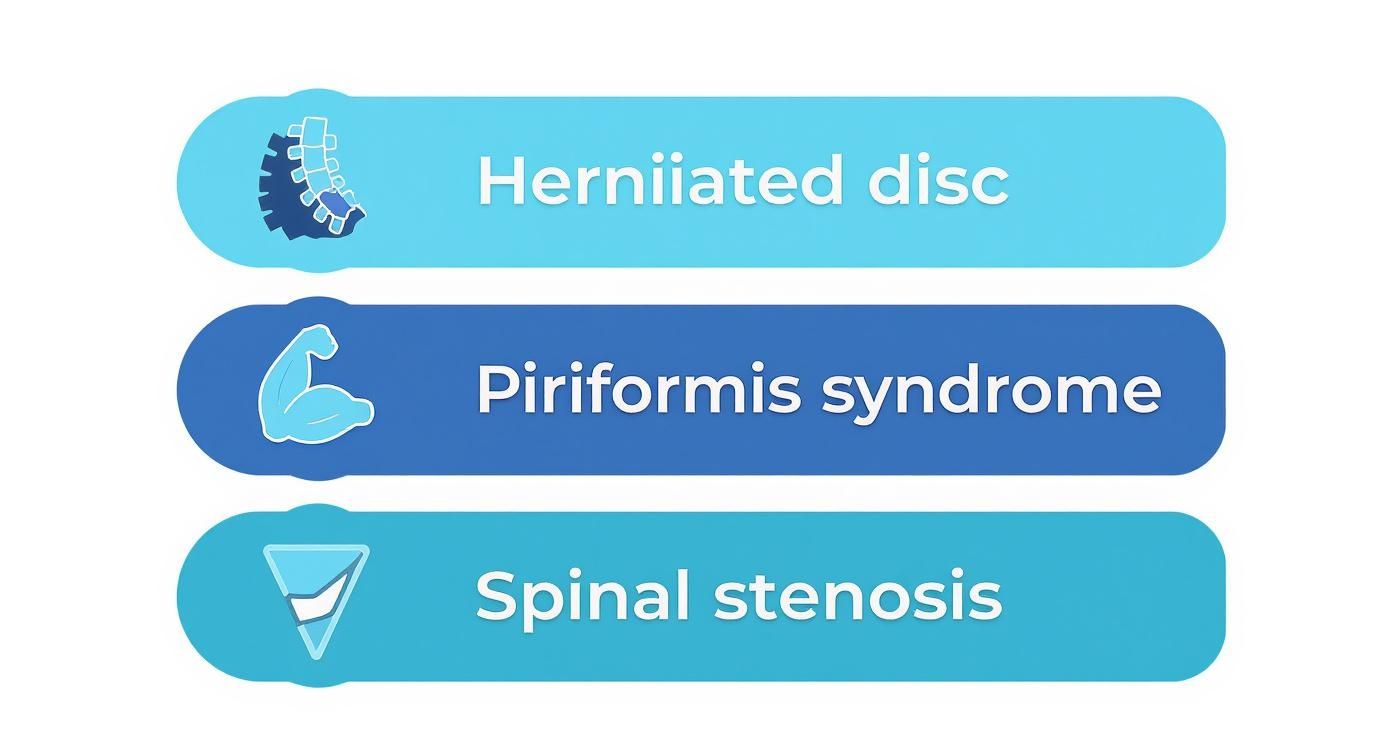 Medical infographic showing three spinal conditions: herniated disc, piriformis syndrome, and spinal stenosis with icons