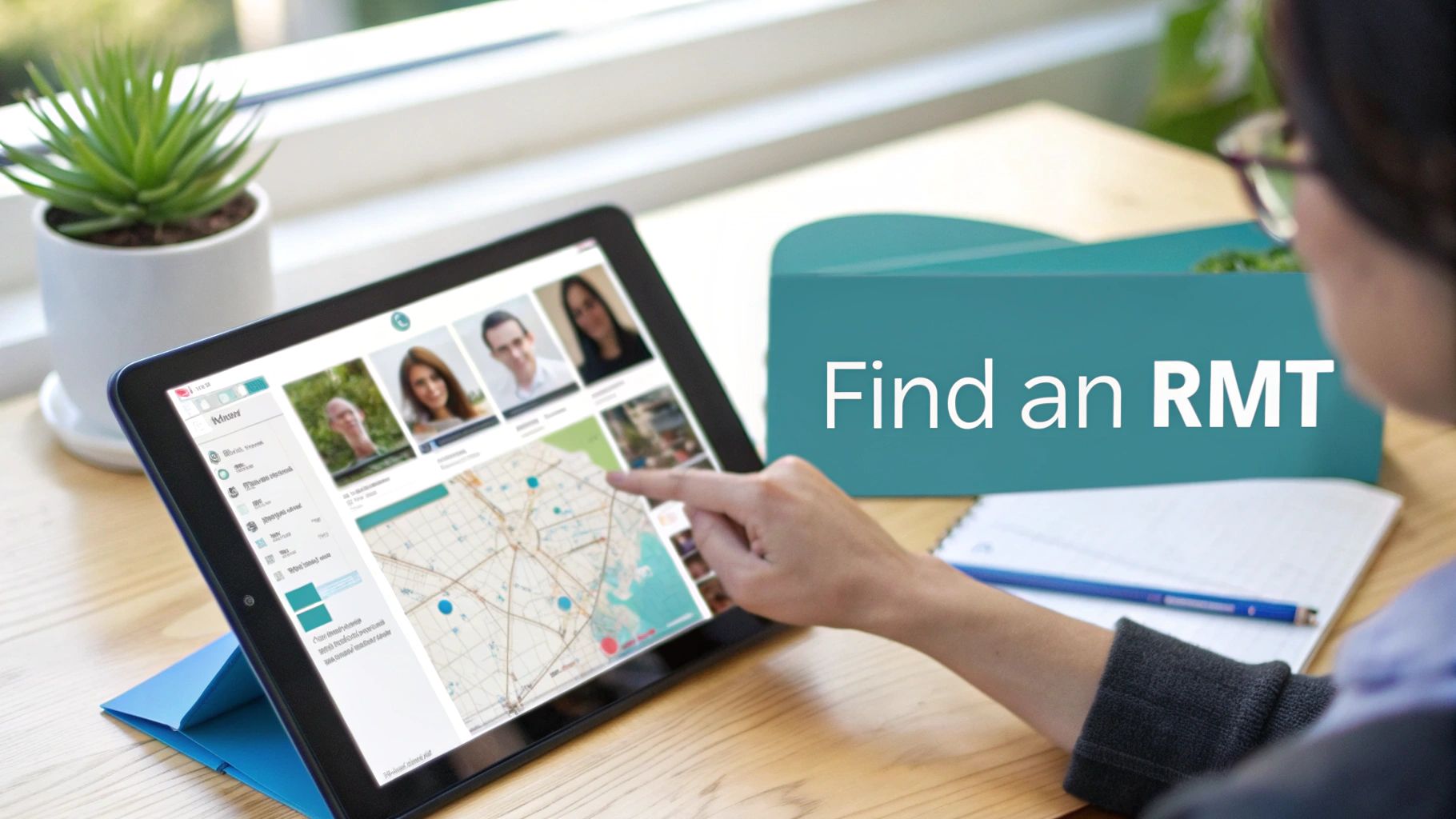 A professional male RMT in a polo shirt consulting with a client in a bright, clean clinic setting.