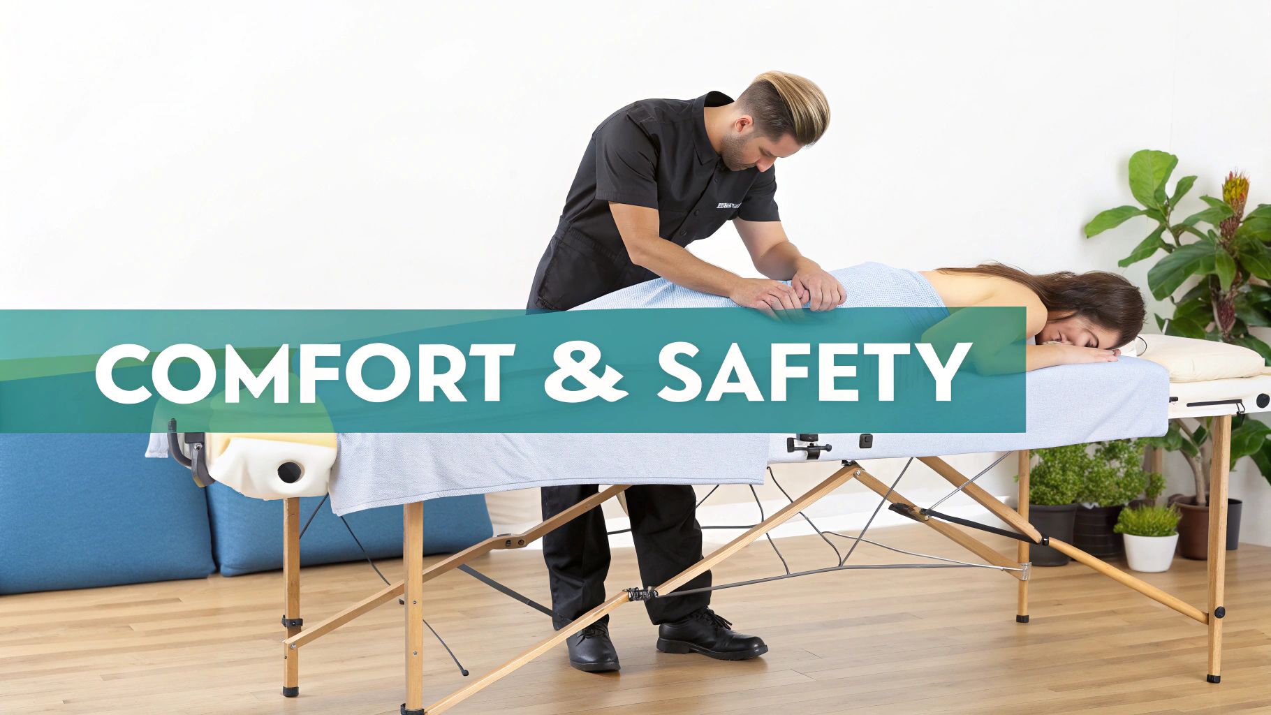 A male massage therapist in a professional polo shirt provides a massage to a fully draped female client in a comfortable home setting. The environment is safe, professional, and client-focused.