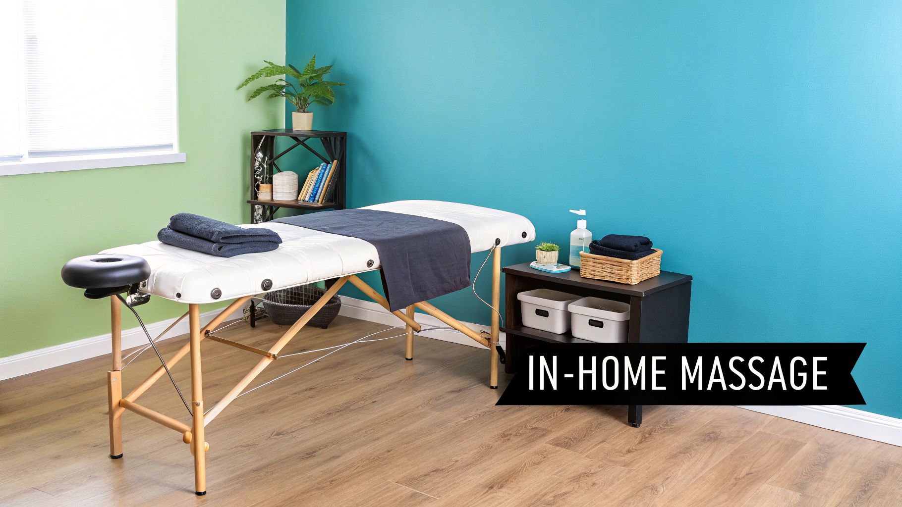 A comfortable massage table set up in a room with green and blue walls, ready for an in-home massage service.