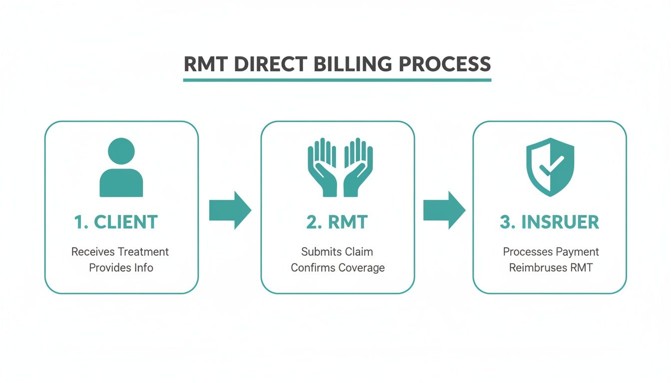 Diagram illustrating the RMT direct billing process, detailing steps for client, RMT, and insurer.
