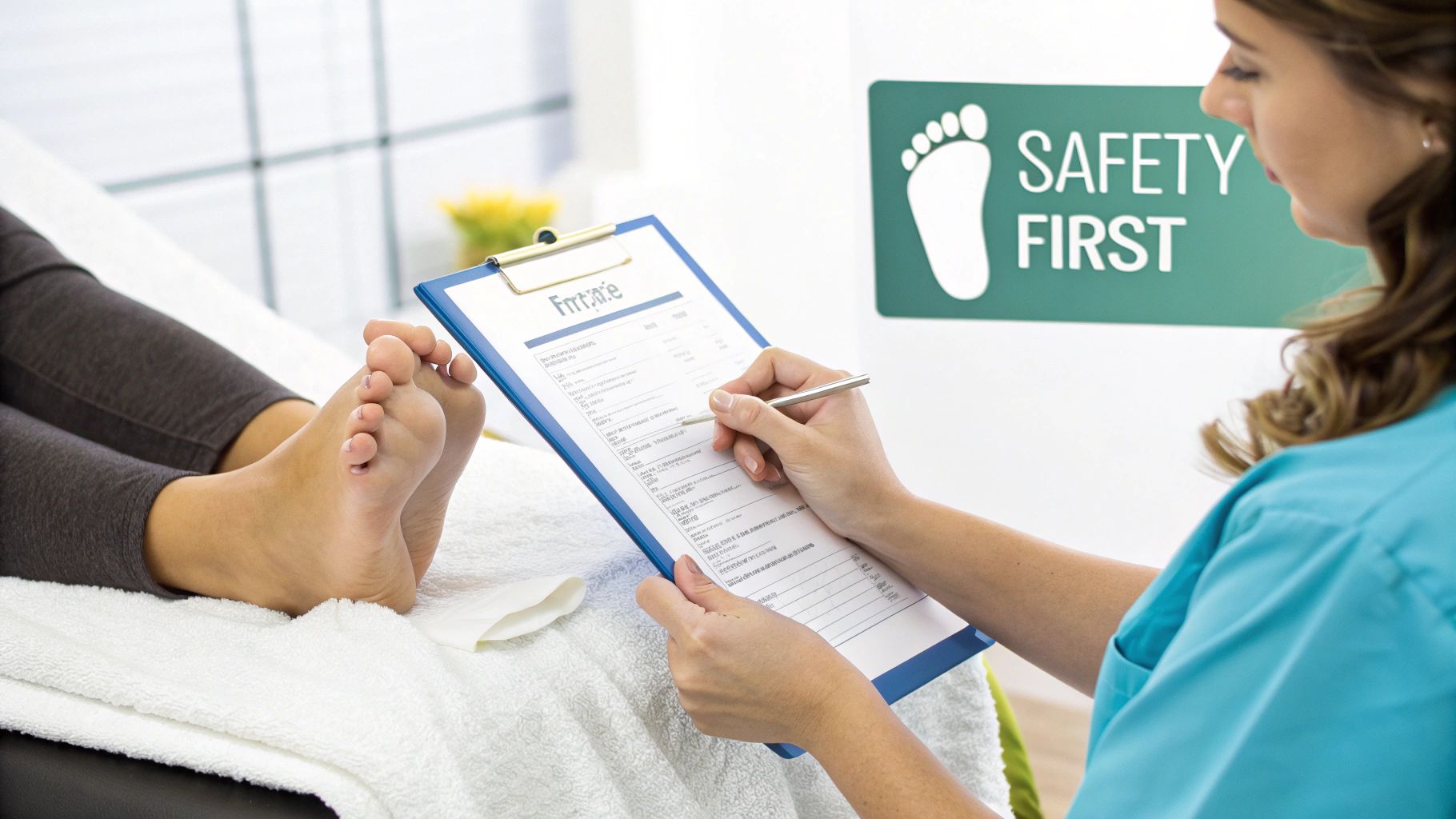 A professional massage therapist in scrubs reviews a patient's chart, with a 'Safety First' sign prominent in the clinical background.