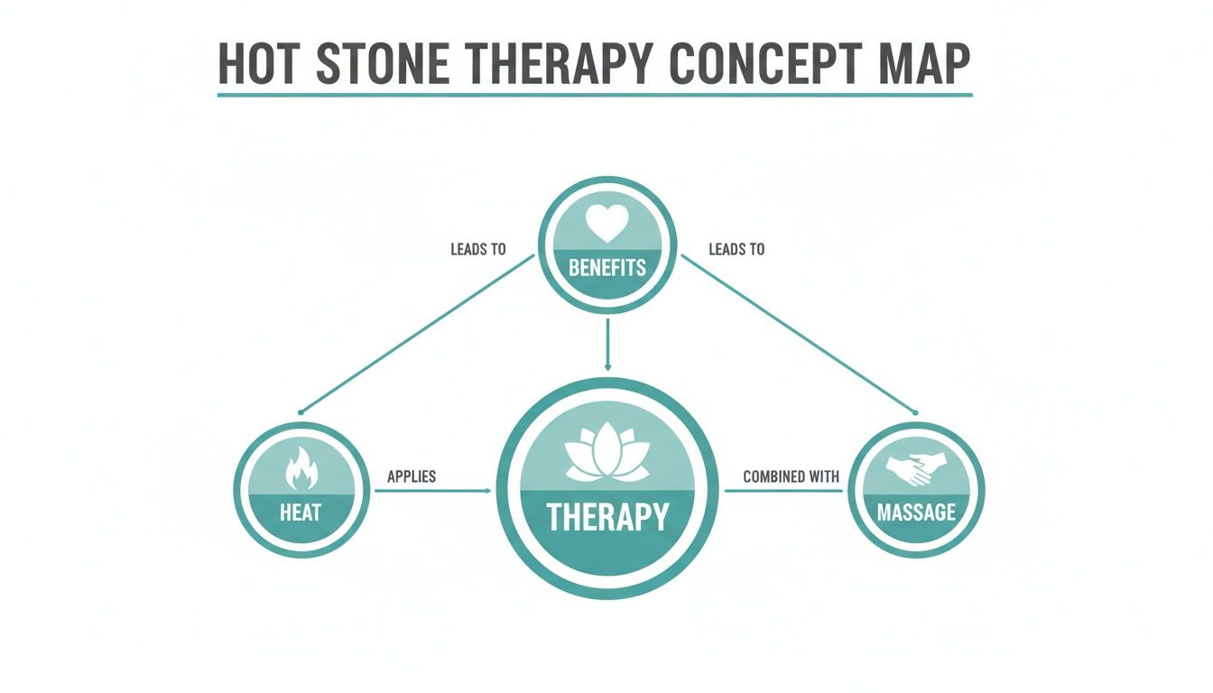 A concept map detailing hot stone therapy, showing it combines heat and massage for benefits.