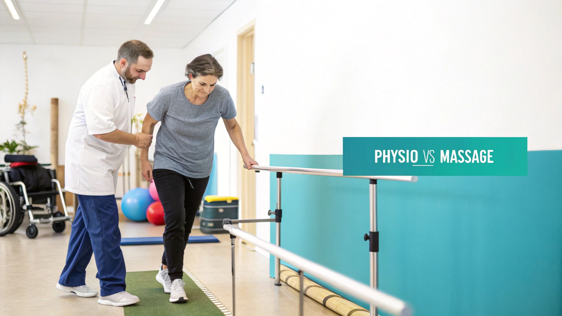 A male physiotherapist assists an older woman walking with parallel bars during a rehabilitation session.