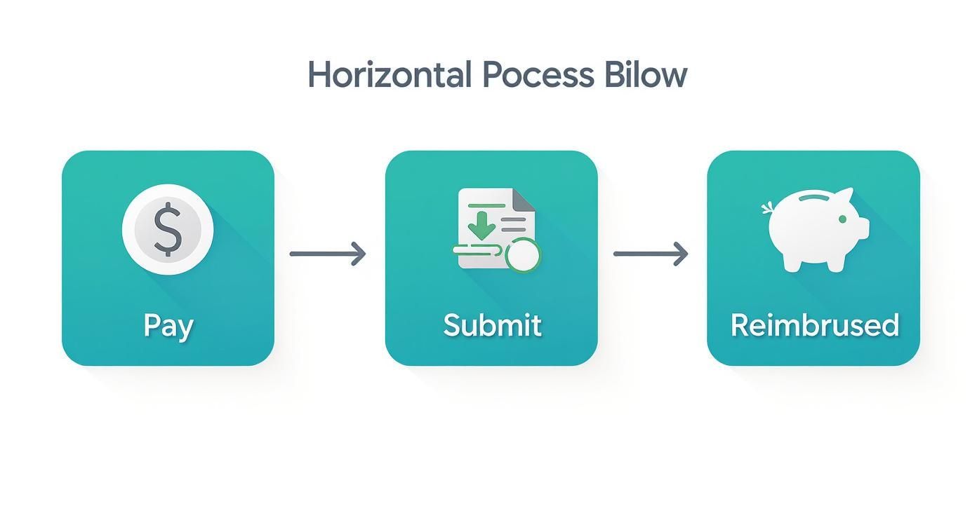 Infographic showing the three steps of the traditional reimbursement process: paying upfront, submitting a claim, and waiting to be reimbursed