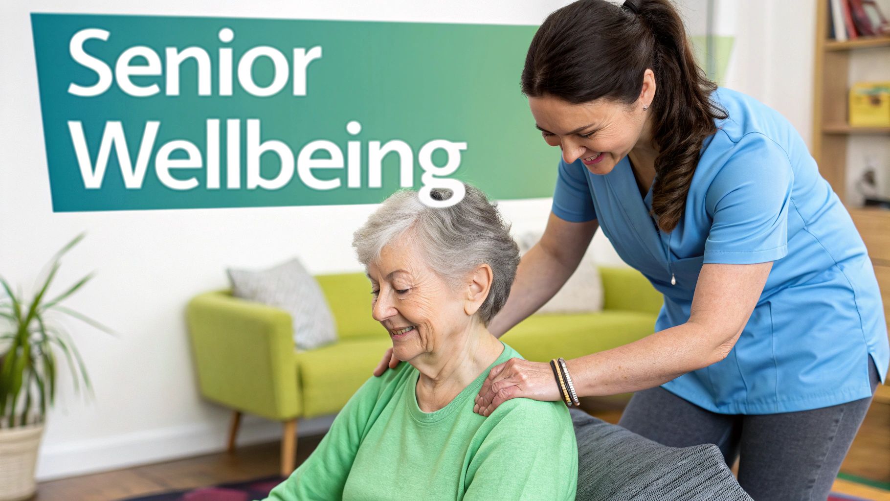 A professional male massage therapist provides gentle shoulder massage to an elderly client who is comfortably resting on a massage table.