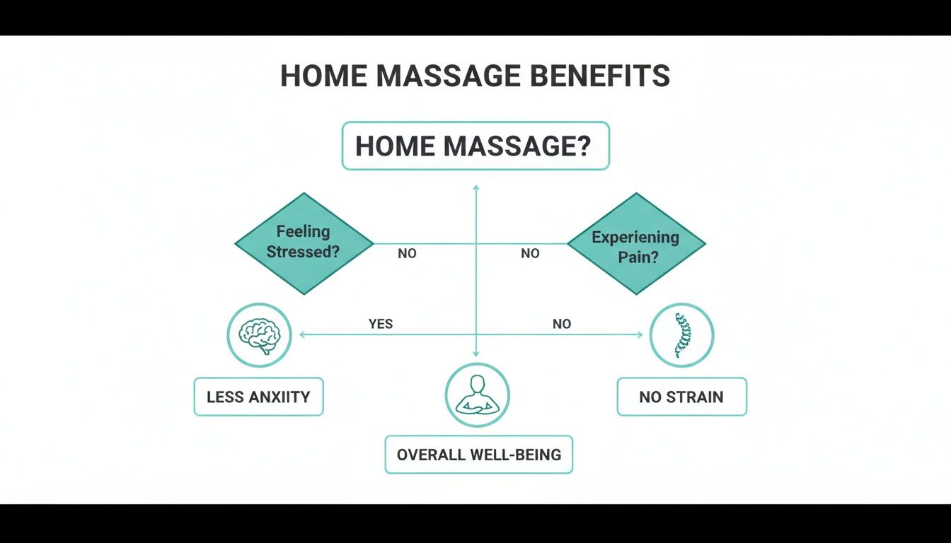A diagram explaining home massage benefits, showing paths to less anxiety, no strain, and overall well-being.