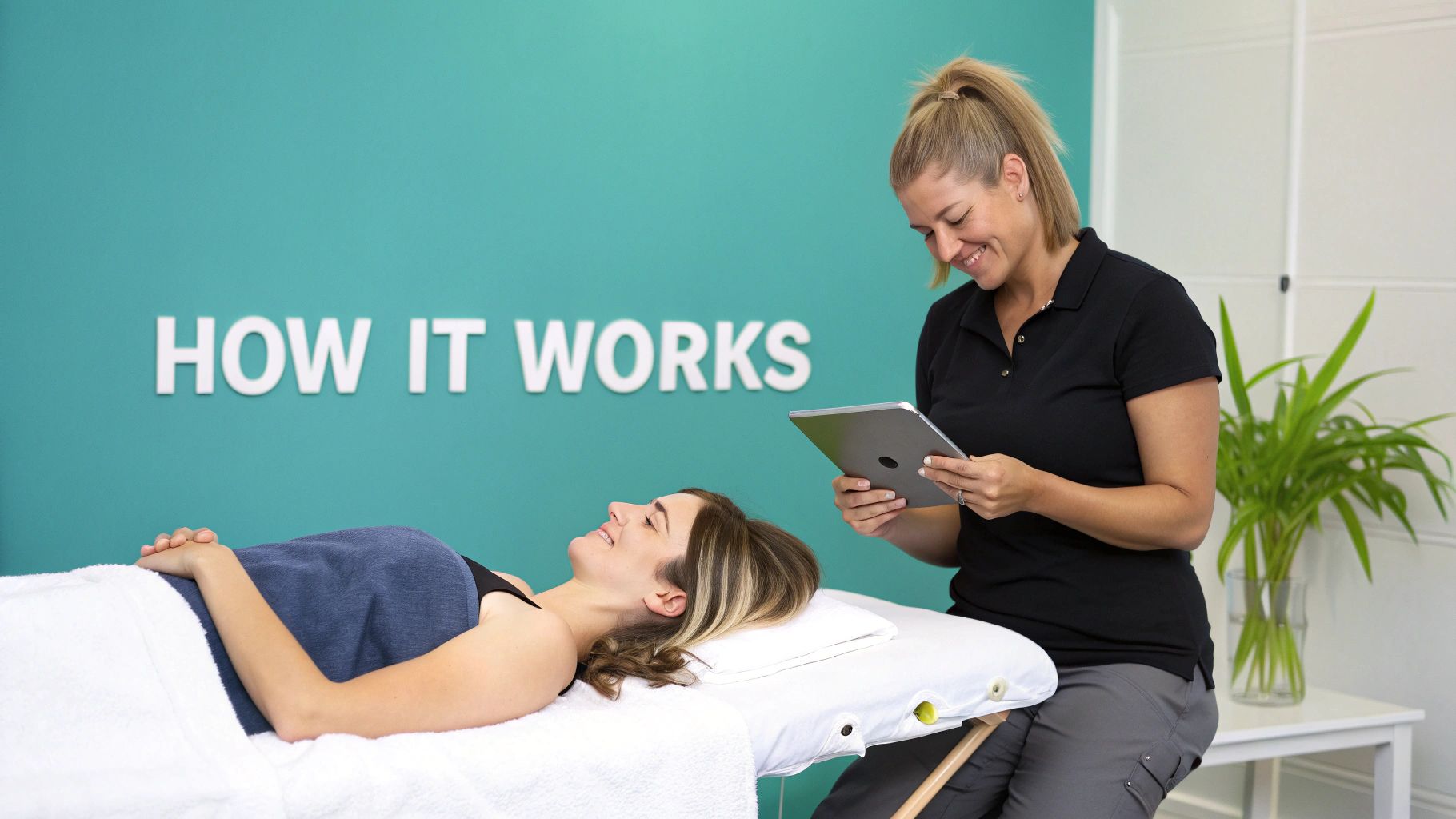 A smiling therapist reviews a tablet while a happy client lies on a massage table.